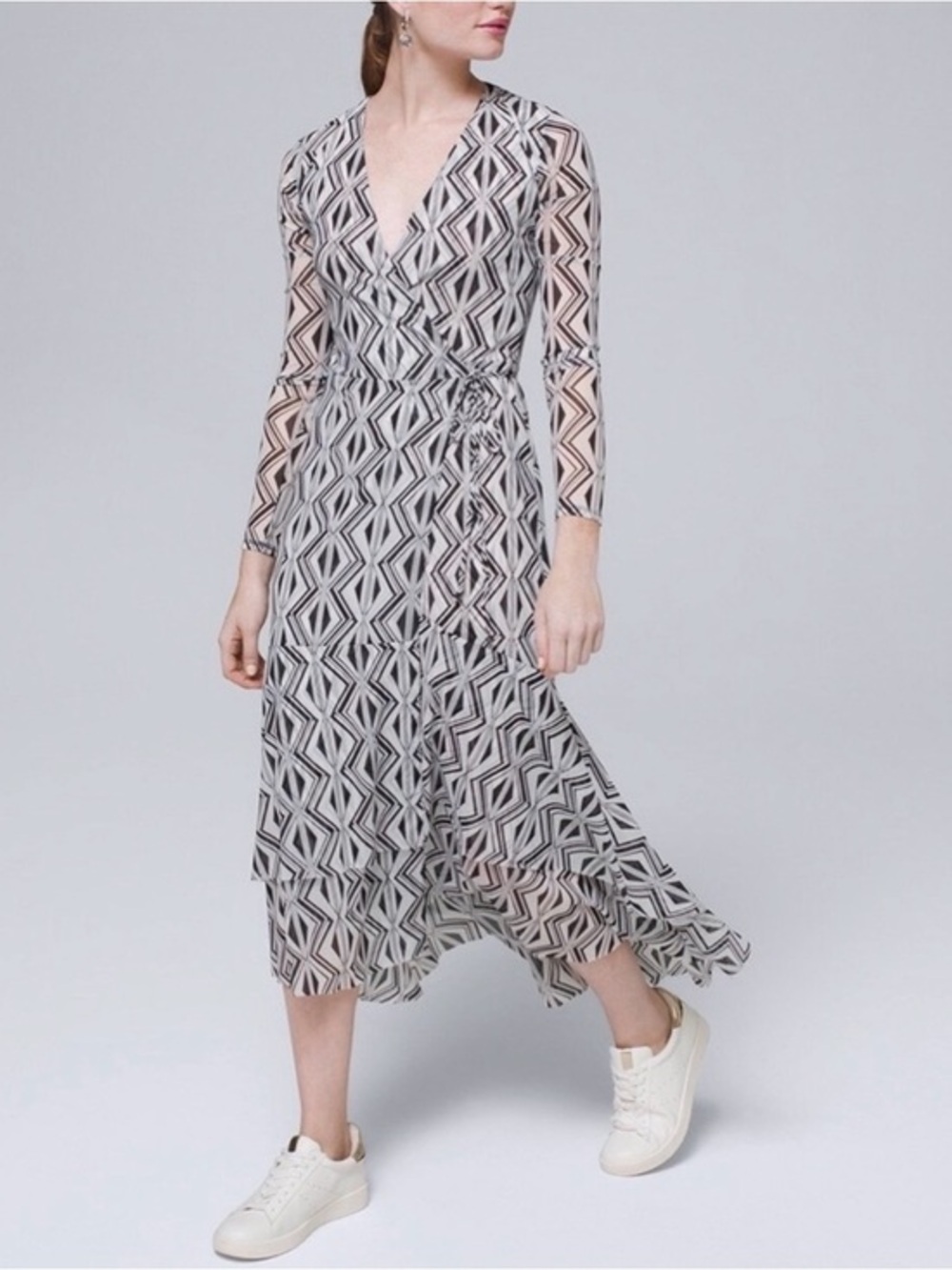 White House Black Market Black & White Geo Print Mesh Wrap Midi-Dress Size 2